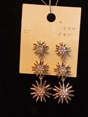 A New Day Gold Starburst Triple Drop Earrings with Crystal Centers